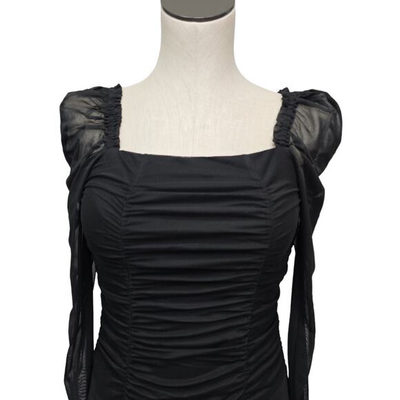 NWT Bebe Black Ruched Long Puff Sleeve Sheer Mesh Bodysuit Womens Size Small - Picture 9 of 13